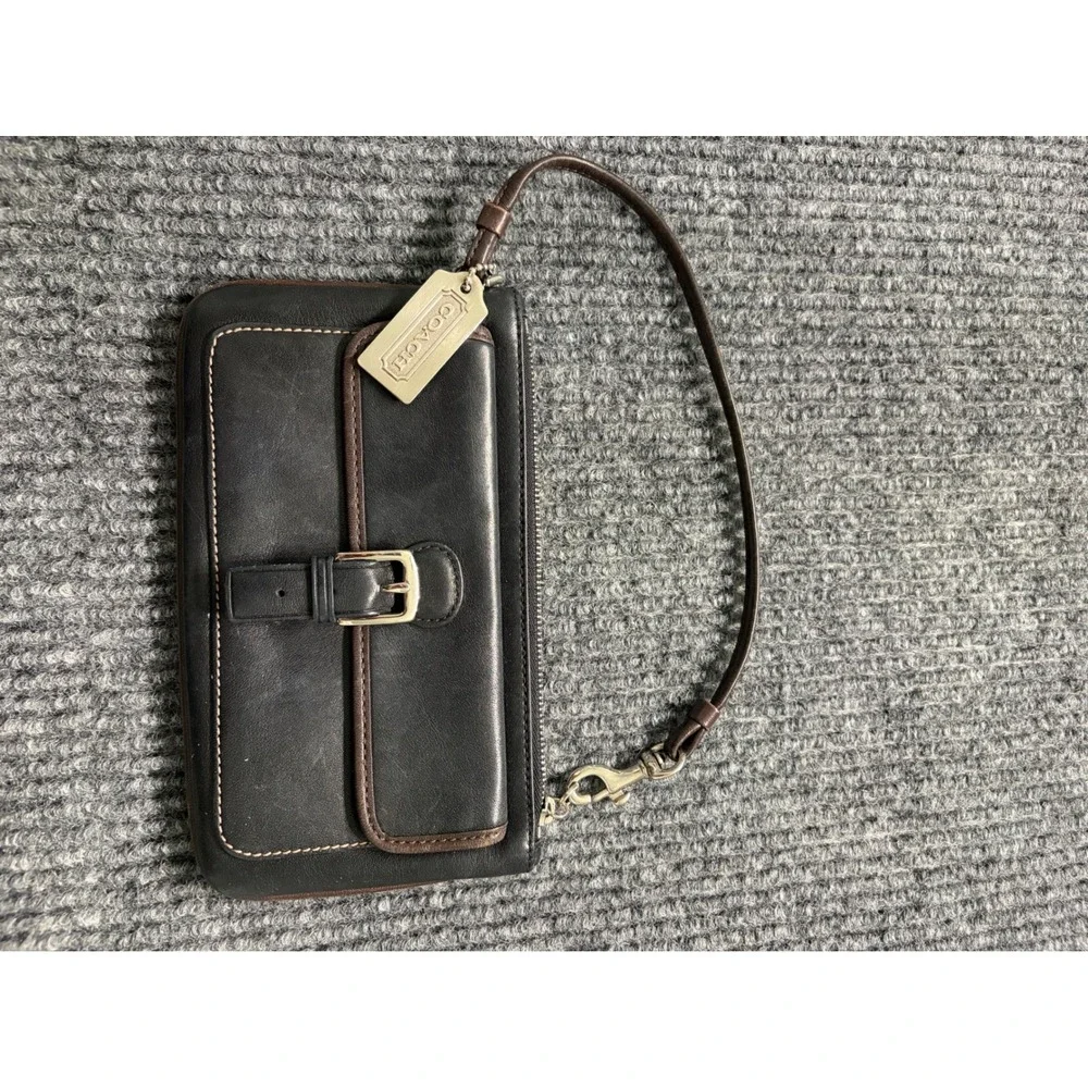 COACH Black Leather Buckle Front Wristlet Wallet with Brown Trim Silver Hardware